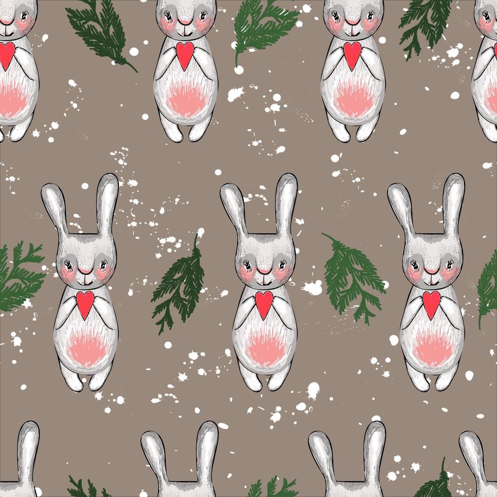 Seamless christmas pattern. Christmas rabbit. Fir branches and holiday decorations. Children's style. Snow background vector