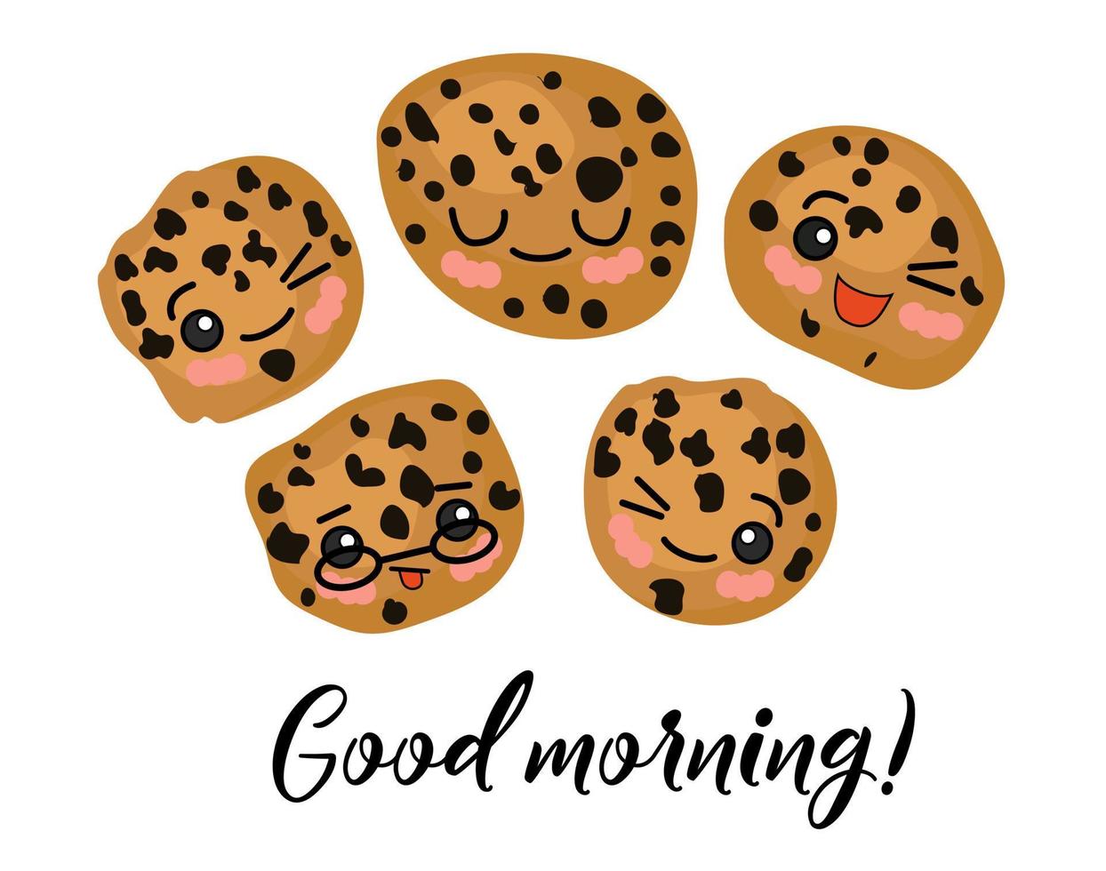 Good morning. Morning postcard. Oatmeal tea cookies with raisins and chocolate. Cute characters vector