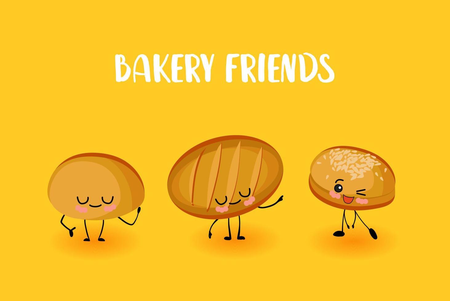 cute kawaii characters, bakery products. Bread, roll and loaf. vector