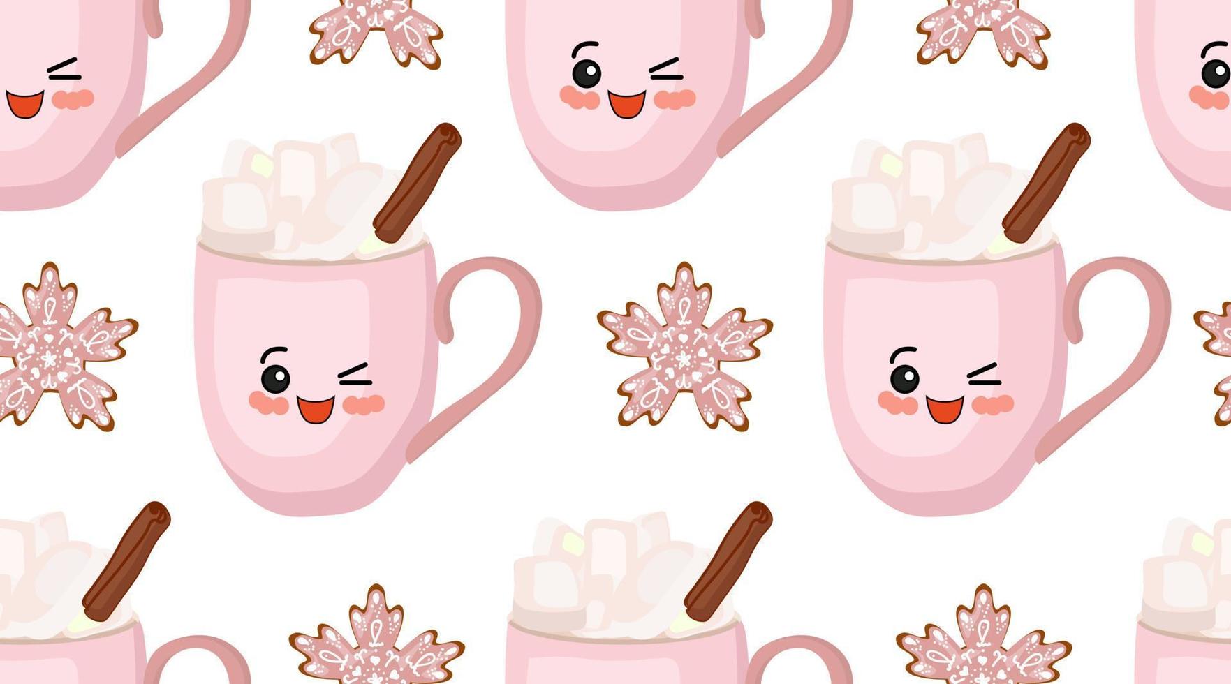 New Year seamless pattern. Winter drinks. Marshmallows, cinnamon and hot chocolate. Tender christmas. Snowflakes baking. Pink cup character. vector