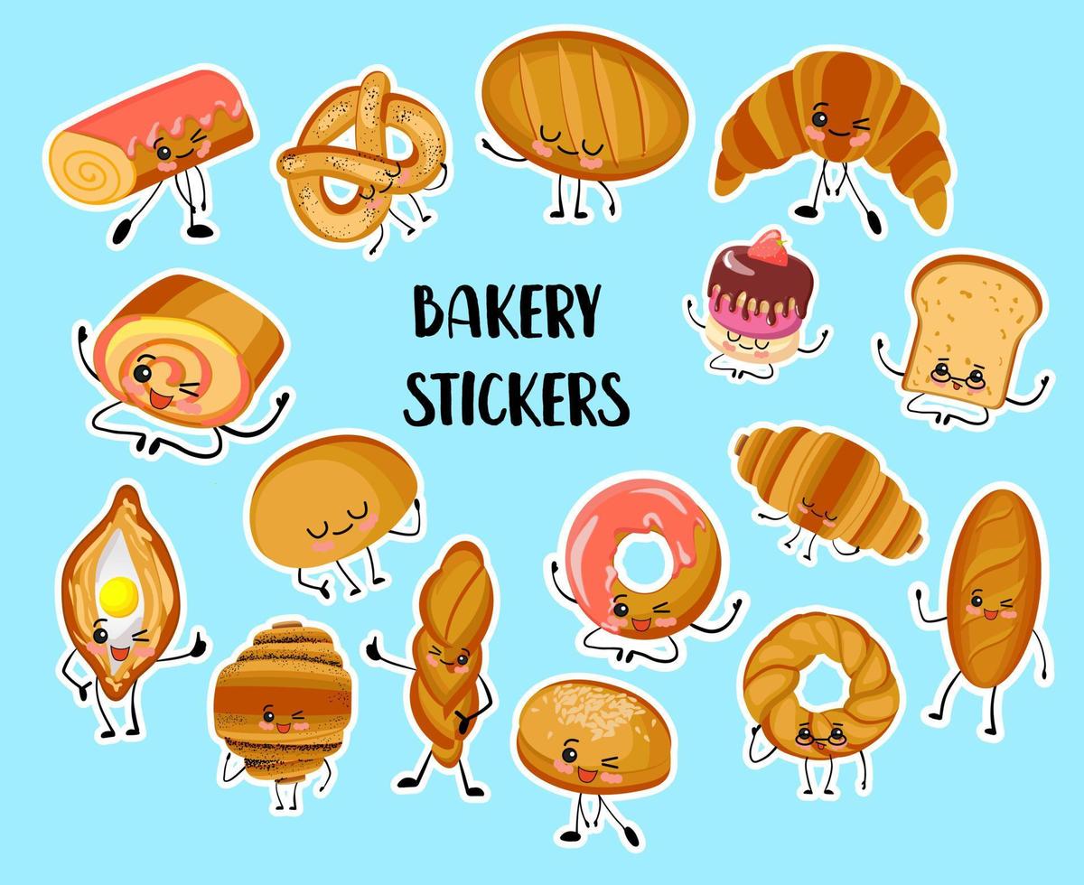 Set of funny bread, bakery characters with human faces stickers, smiling white, rye and whole grain bread, loaf, baguette, croissant, buns vector