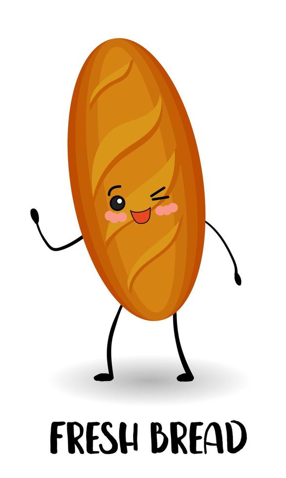 Baton. Long bread. Cartoon cute character baked goods with arms and legs vector