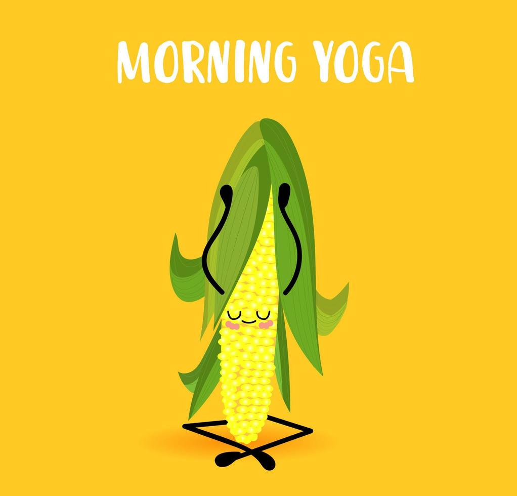 Corn. Vegan and vegetarian food. Vegetable Yoga. Character with eyes and hands.. vector