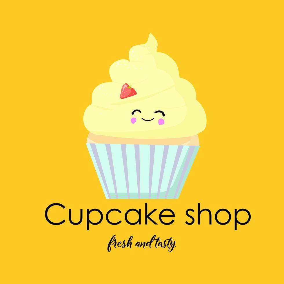 Logo or signboard design. Shop of muffins and cupcakes. Yellow background. Cake with eyes and a smile. vector