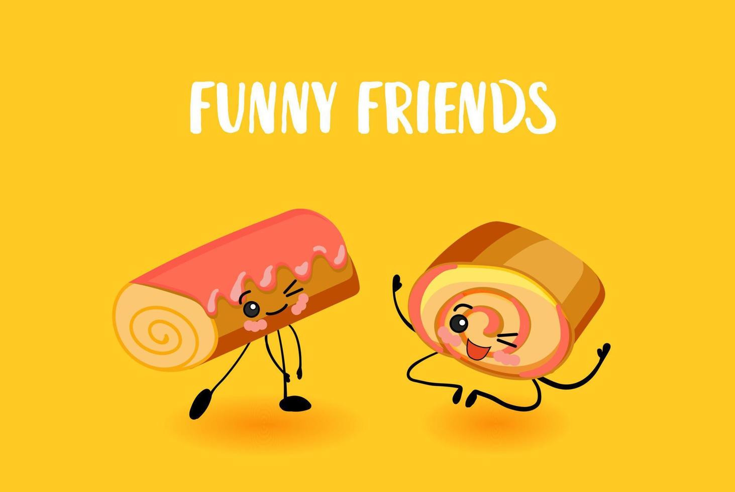 Bakery characters. Food made from flour. Sponge cake. Tasty breakfast. Cake with icing.. vector