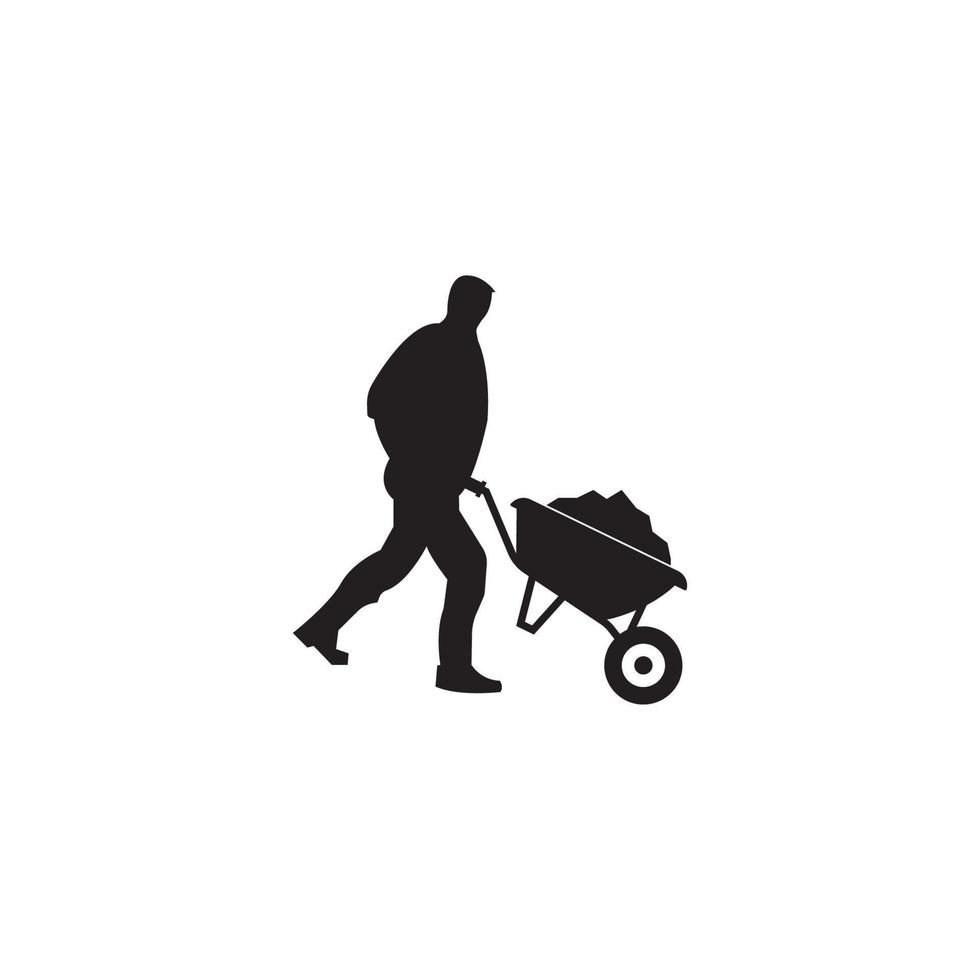 Construction worker walking with wheelbarrow icon vector