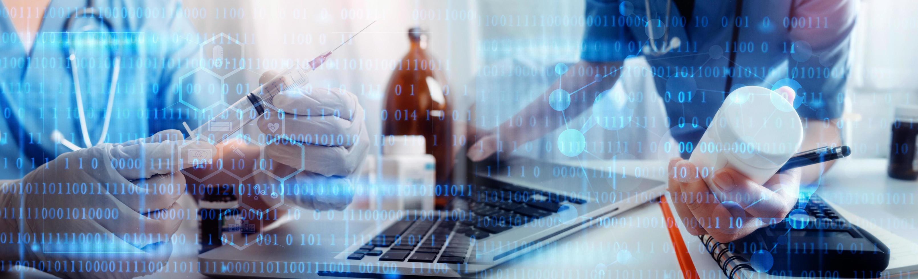 Medicine doctor hand working on a patients x-ray scans digital healthcare and connection with modern virtual screen interface icons, Medical technology and network concept. photo