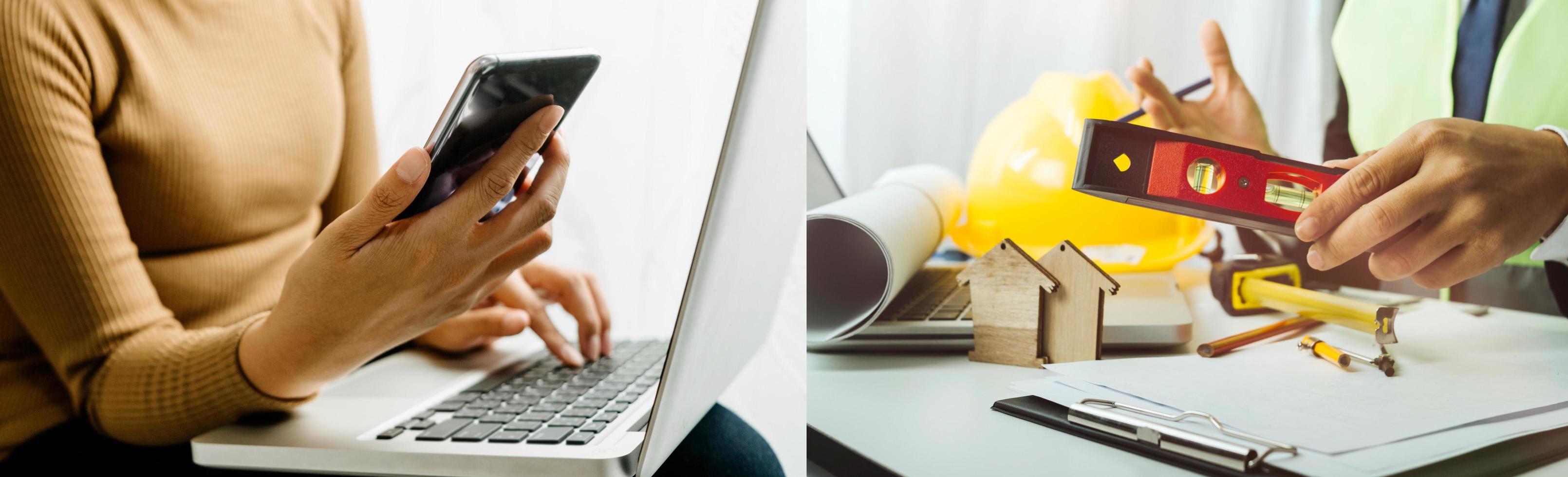 Two colleagues discussing data working and tablet, laptop with on on architectural project at construction site at desk in office photo