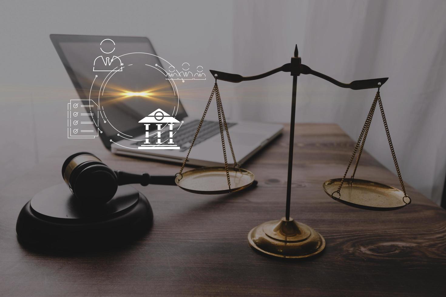 Business and lawyers discussing contract papers with brass scale on desk in office. Law, legal services, advice, justice and law concept picture with film grain effect photo