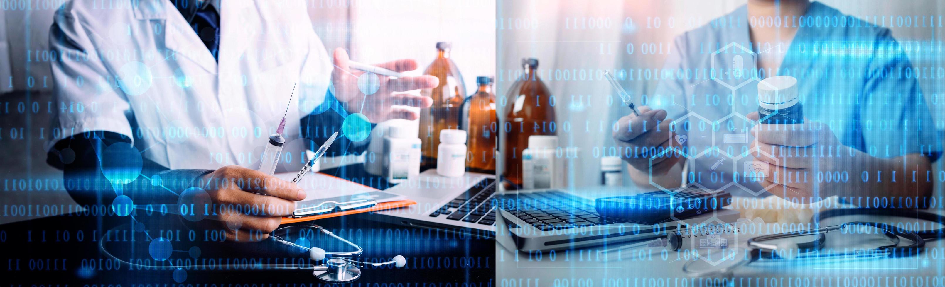 Medicine doctor hand working on a patients x-ray scans digital healthcare and connection with modern virtual screen interface icons, Medical technology and network concept. photo