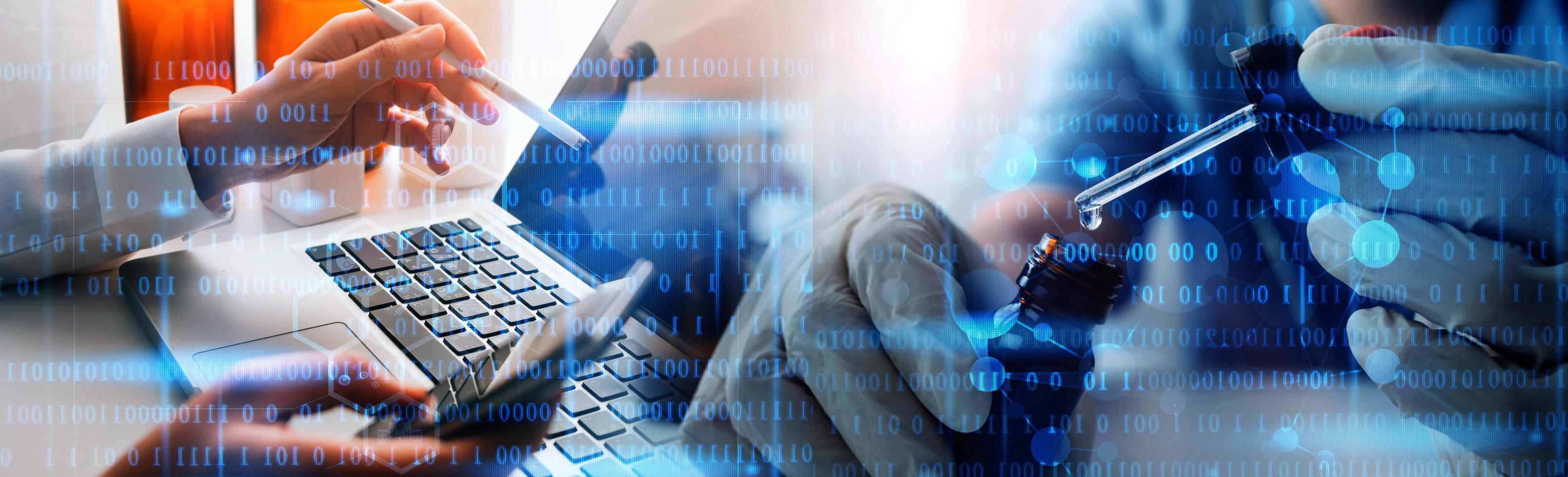 Medicine doctor and robotics research and analysis. Diagnose checking coronavirus or covid-19 testing result with virtual screen in laboratory, Inhibition of disease outbreaks and Medical technology photo