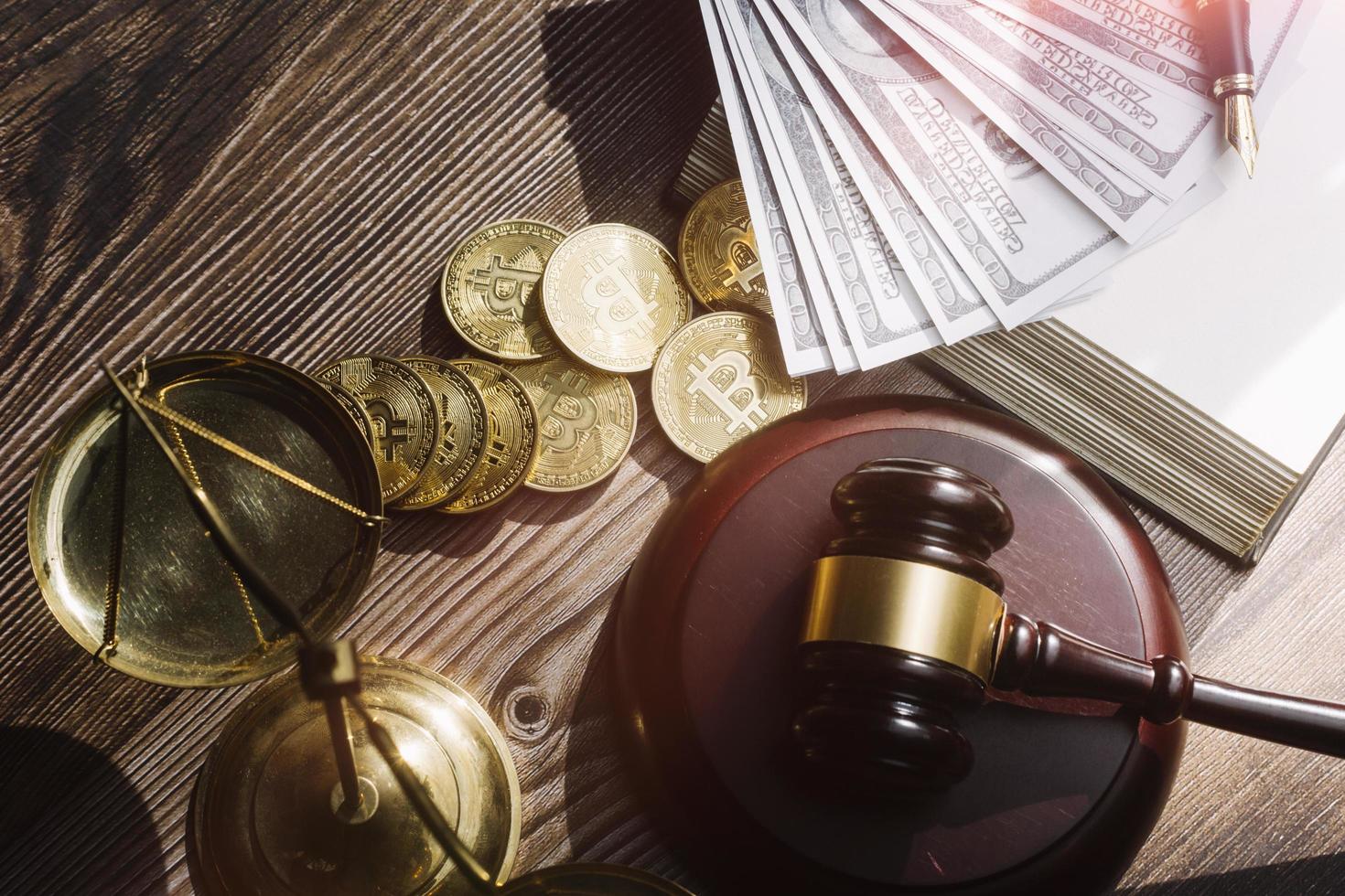 Business and lawyers discussing contract papers with brass scale on desk in office. Law, legal services, advice, justice and law concept picture with film grain effect photo