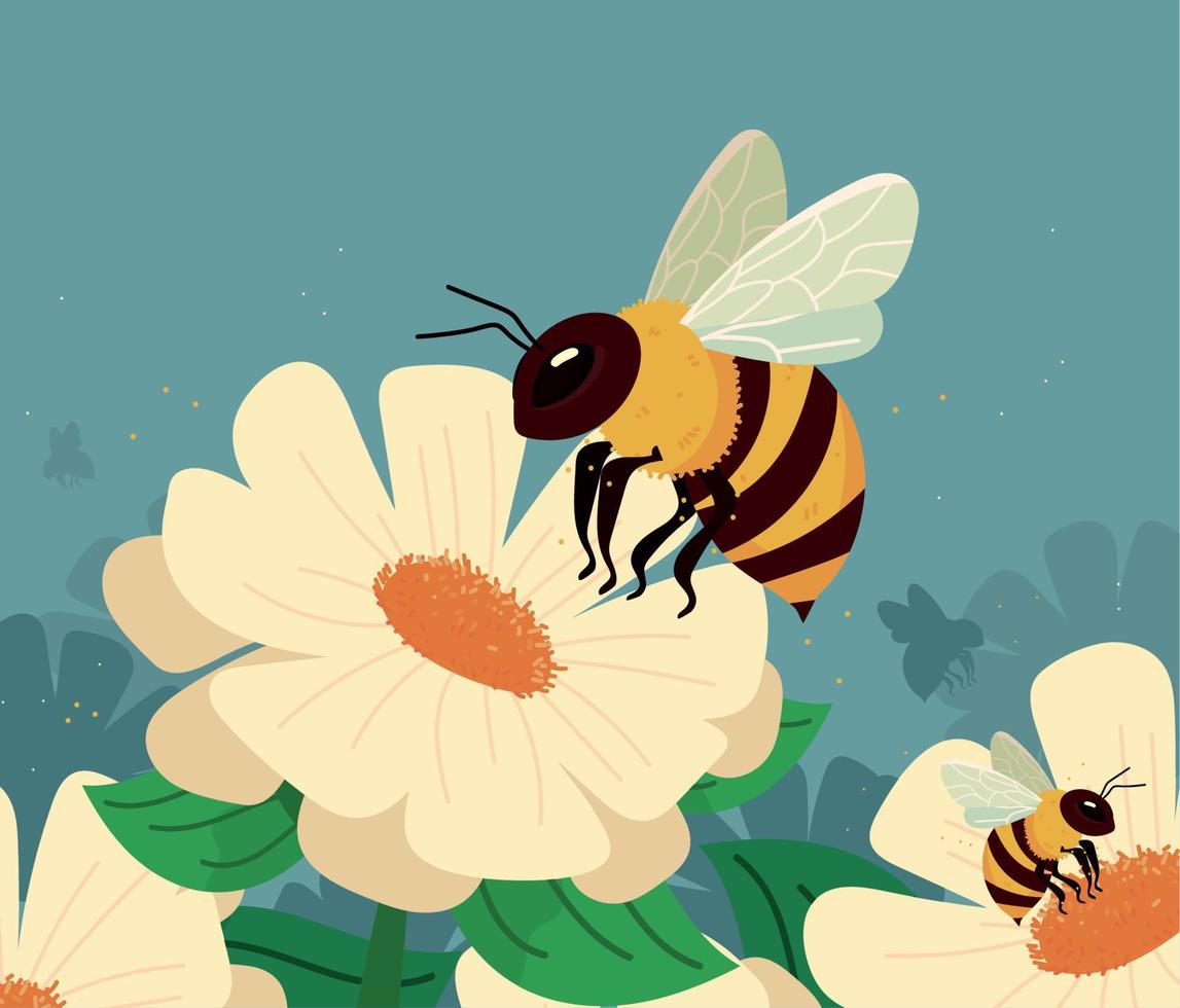 abejas y flores vector