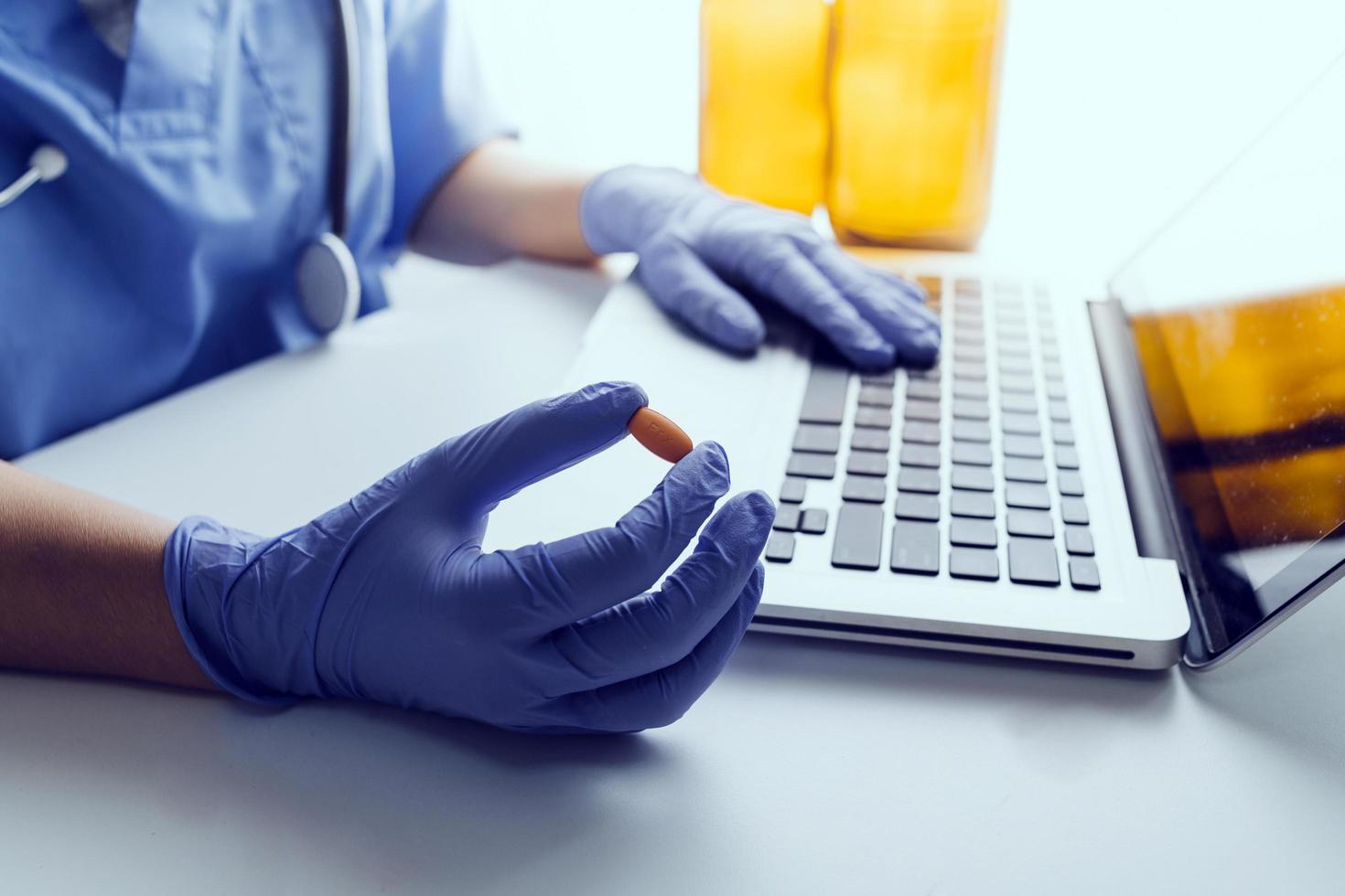 Double exposure of technology healthcare And Medicine concept. Doctors using digital tablet and modern virtual screen interface icons panoramic banner, blurred background. photo