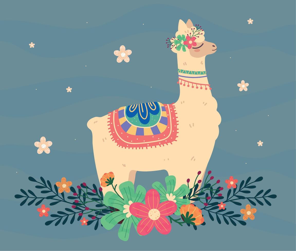 llama y flores divertidas vector