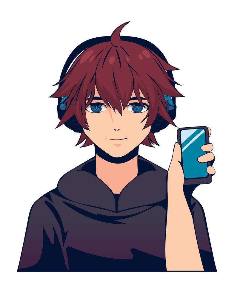 anime boy with mobile phone vector