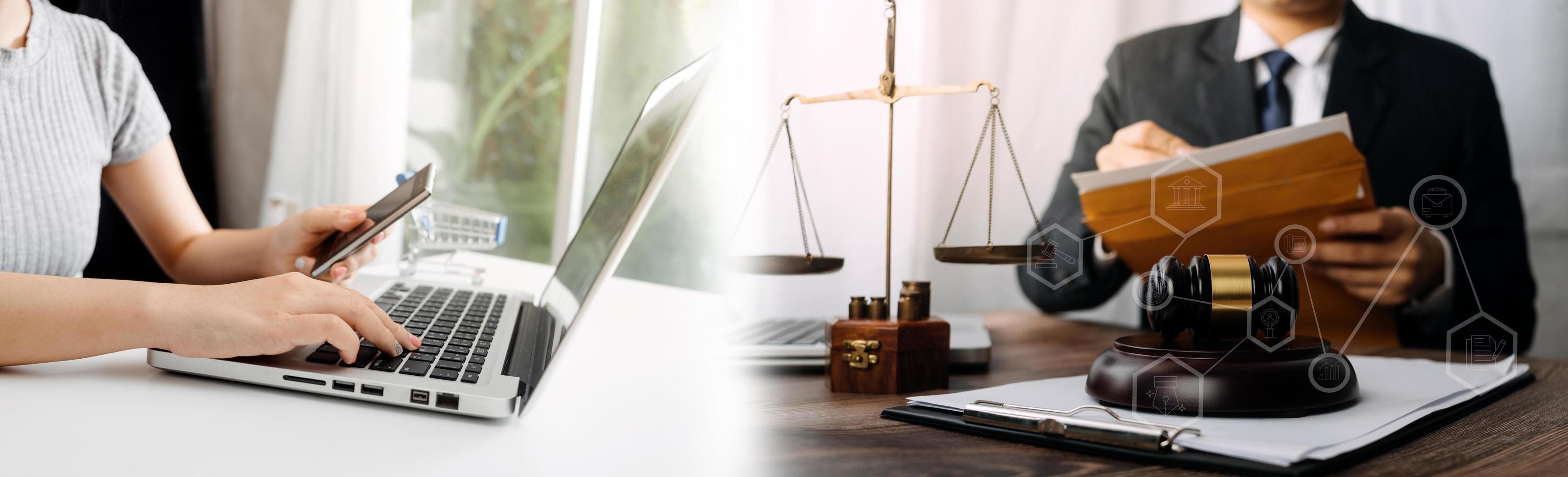 Business and lawyers discussing contract papers with brass scale on desk in office. Law, legal services, advice, justice and law concept picture with film grain effect photo