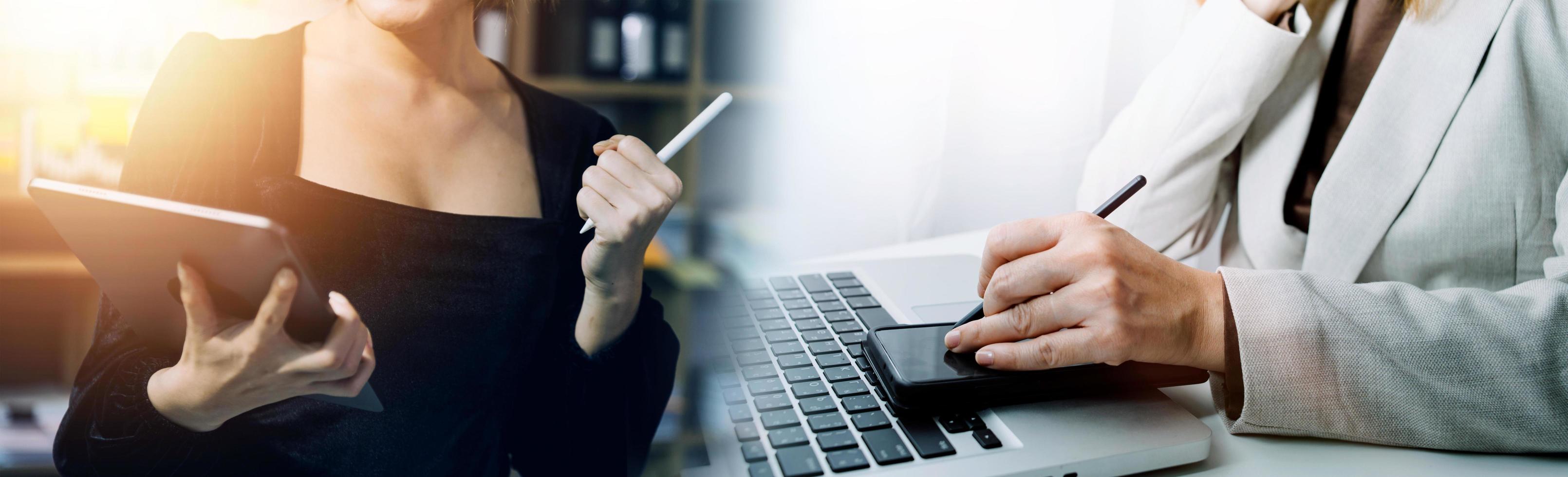 Business team finance or bookkeeper working with a calculator to calculate business data summary report, accountancy document and laptop computer at the office, business meeting concept photo