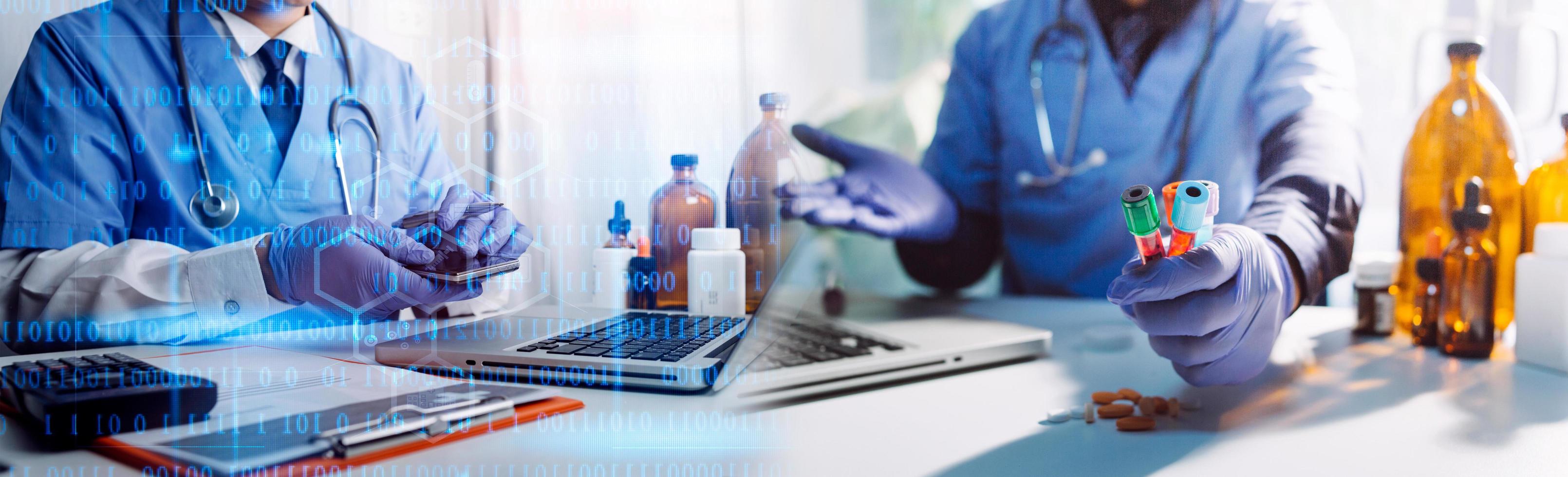 Double exposure of Doctor working with modern virtual screen interface, Healthcare And Medicine concept, Blurred background. photo