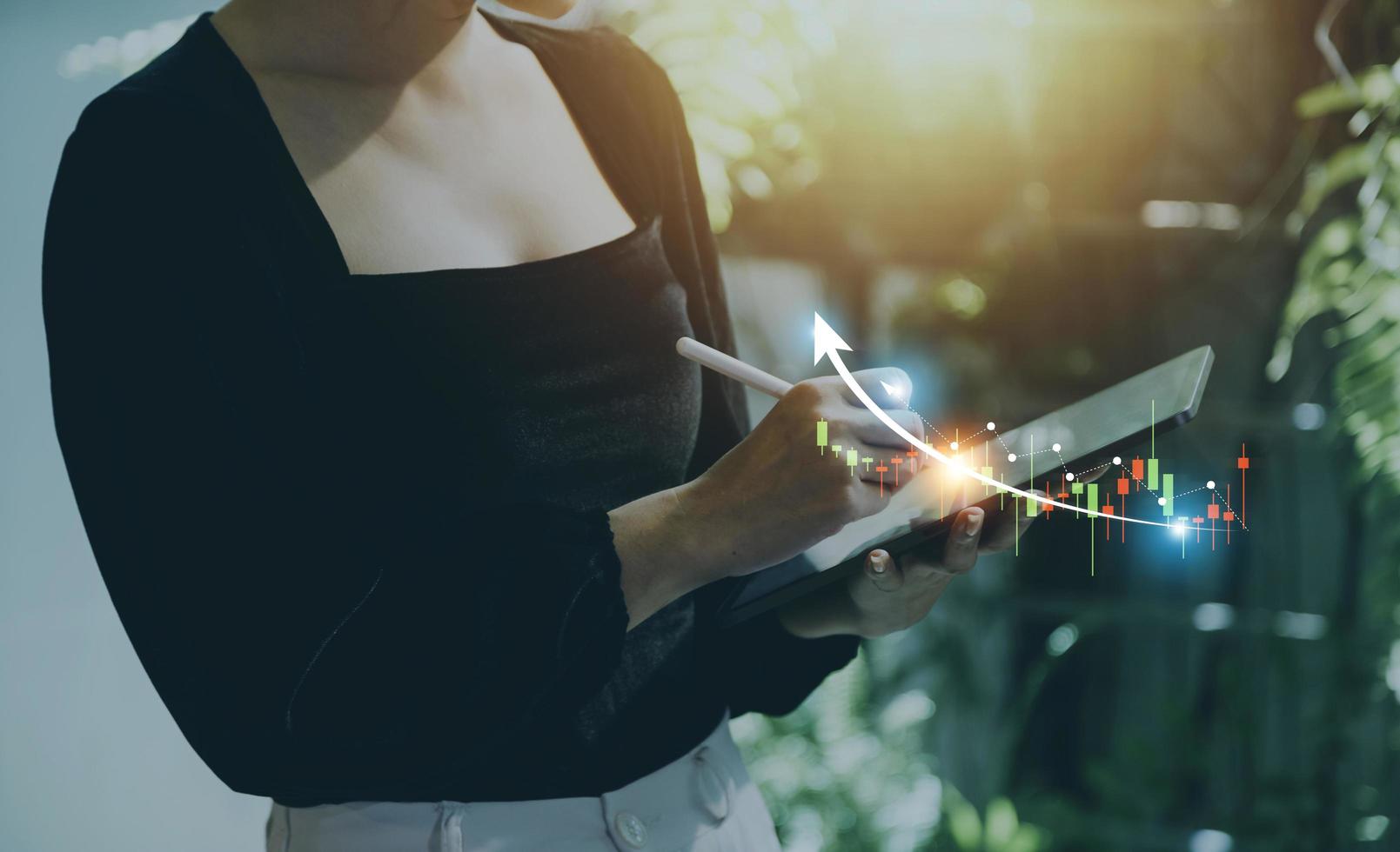 planning and strategy, Stock market, Business growth, progress or success concept. Businessman or trader is showing a growing virtual hologram stock, invest in trading. photo
