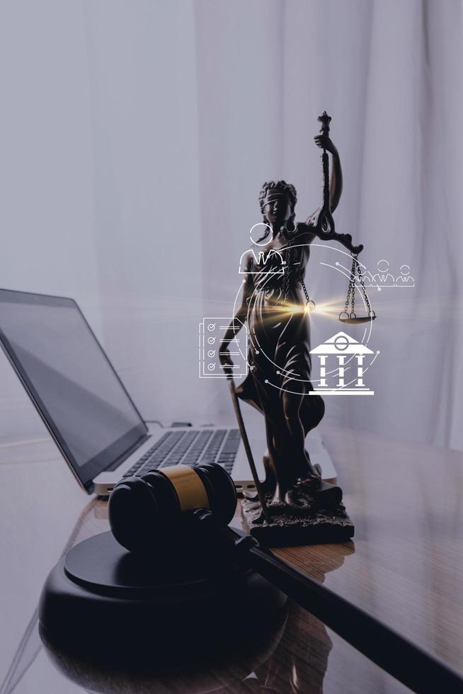 Business and lawyers discussing contract papers with brass scale on desk in office. Law, legal services, advice, justice and law concept picture with film grain effect photo