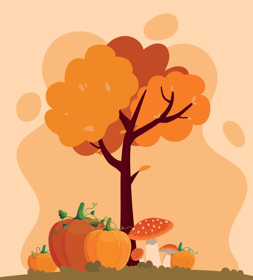 autumn tree and pumkpins vector