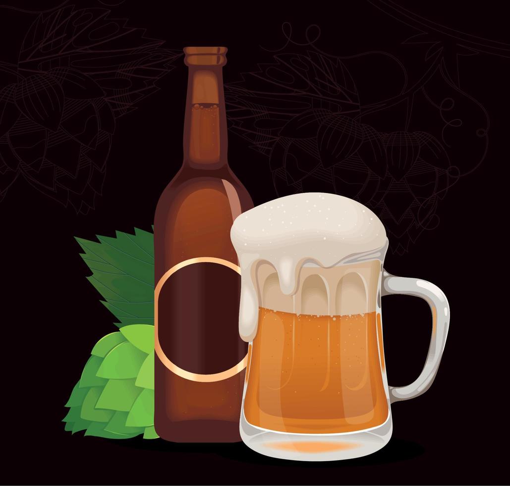 beer bottle and glass vector