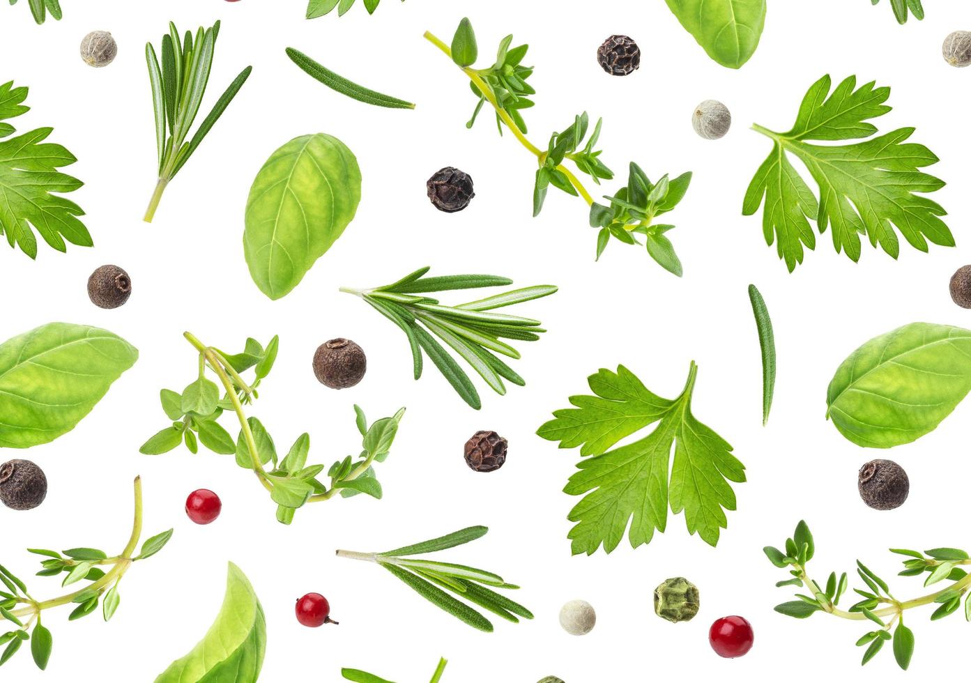 Different spices and herbs isolated on white background, top view photo