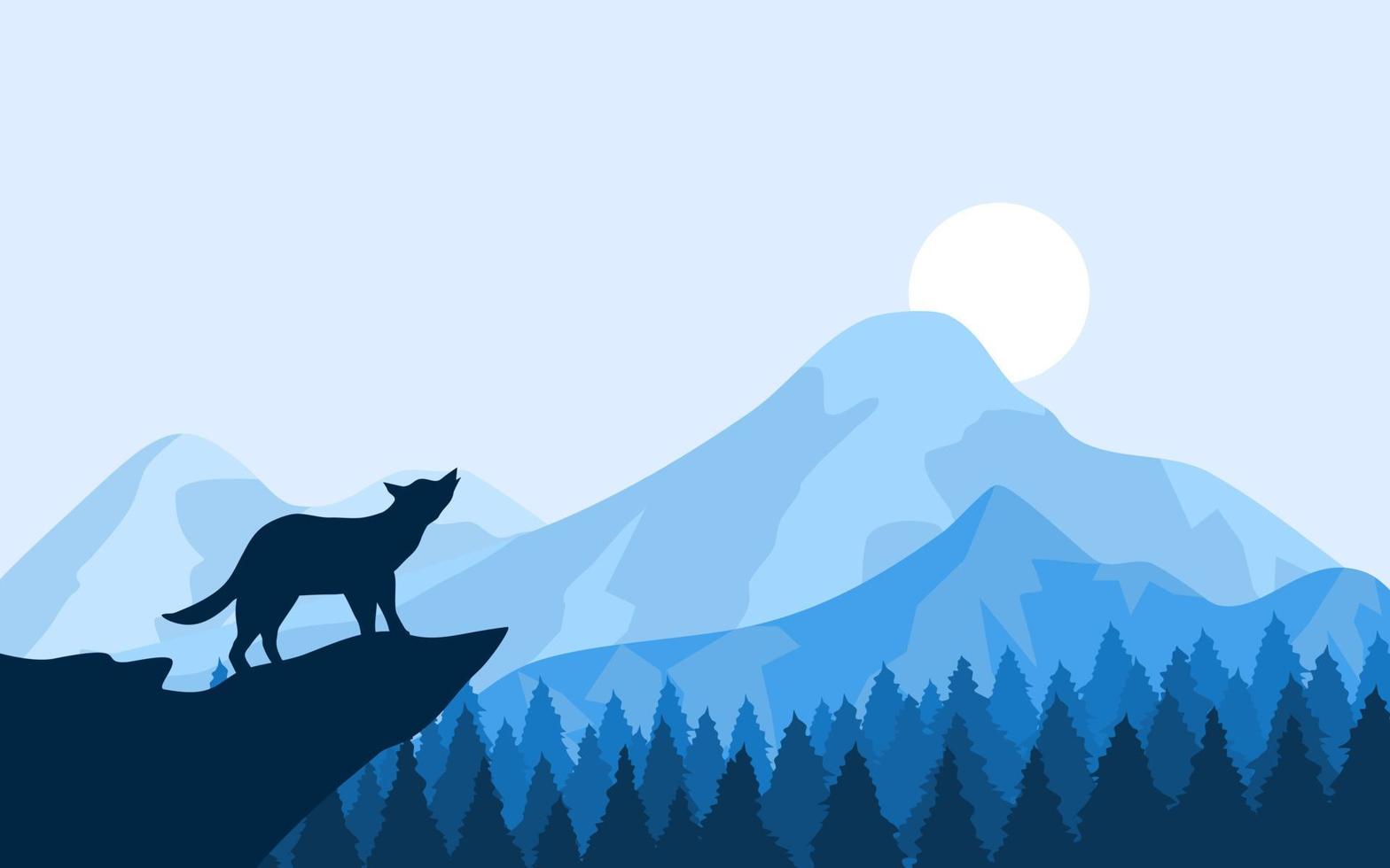 ilustración de vida silvestre con bosque de pinos y lobo vector