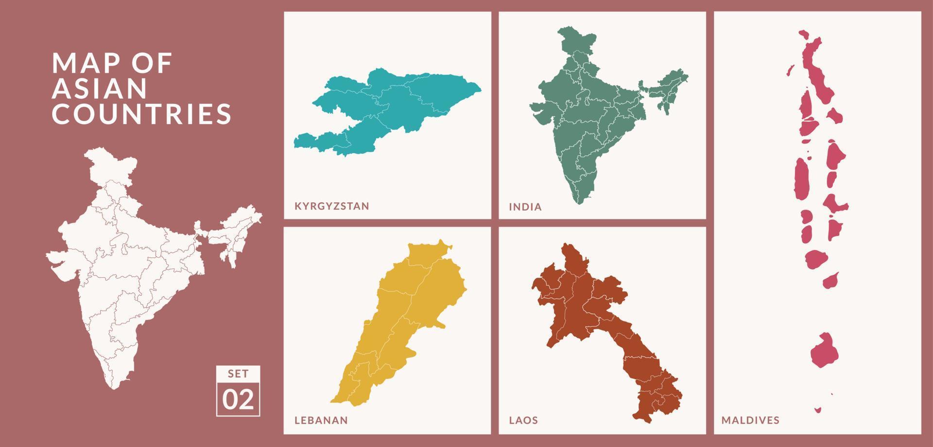 Maps of Asian countries countries, India, Maldives, Kyrgyzstan, Laos and Lebanan vector Illustration.