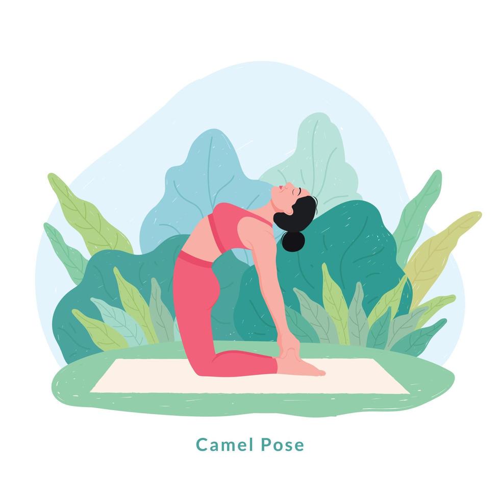 postura de yoga camello. mujer joven practicando ejercicio de yoga. vector