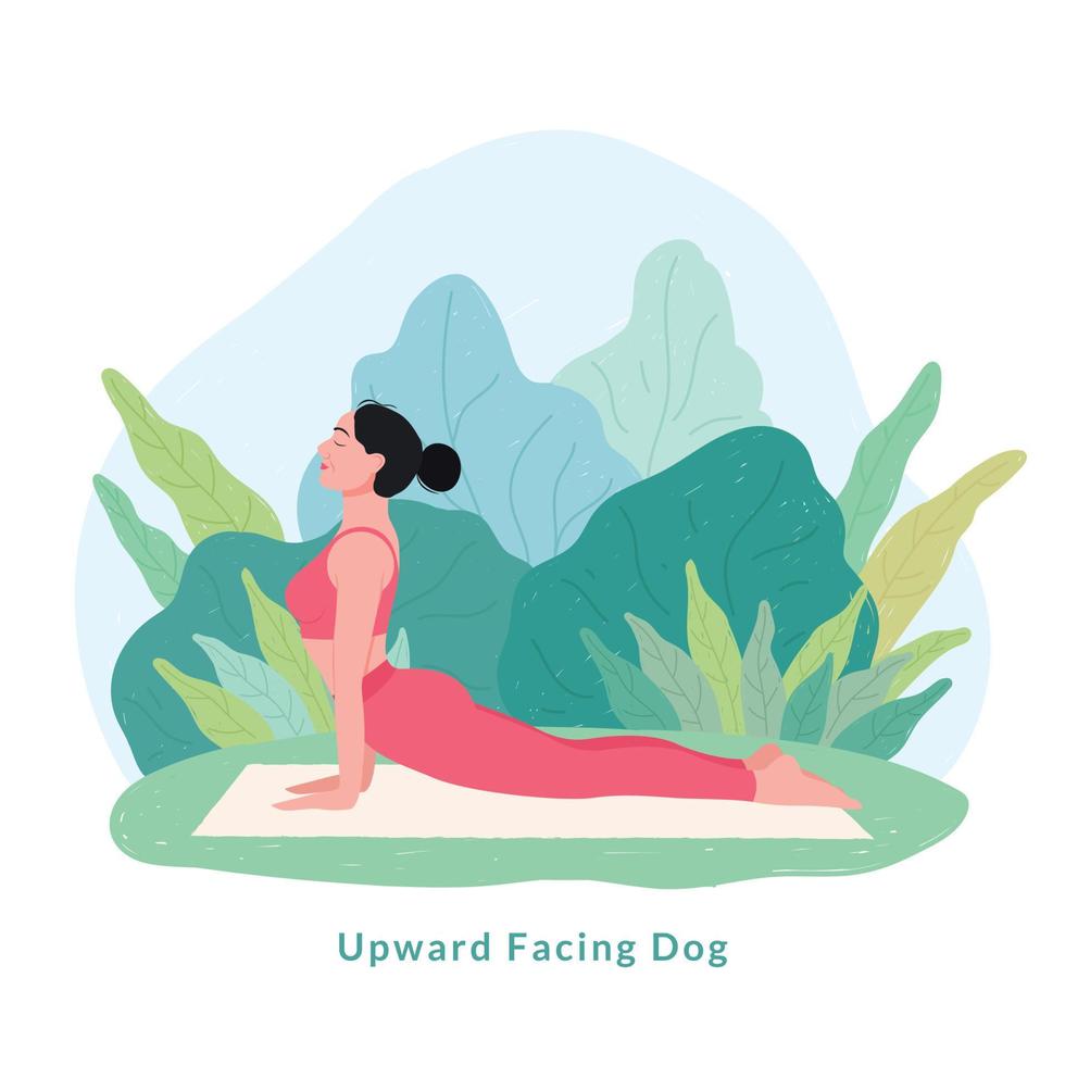 Postura de yoga para perros boca arriba. mujer joven practicando ejercicio de yoga. vector