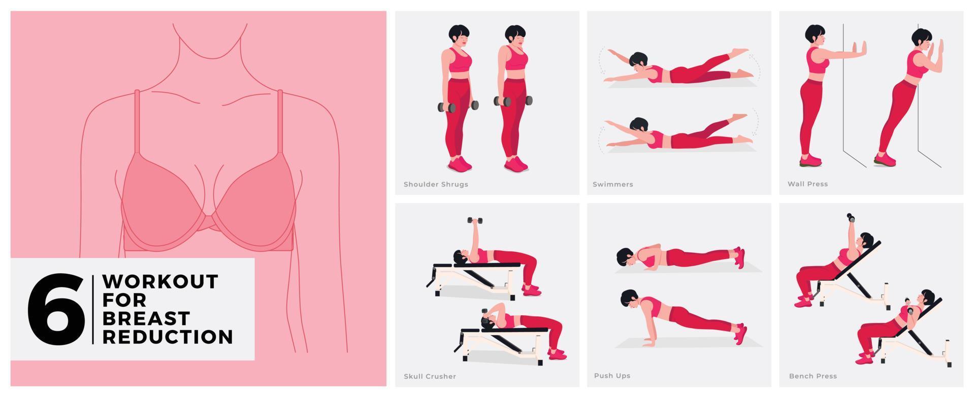 Workout exercises for BREAST REDUCTION. Women doing fitness and yoga exercises. vector