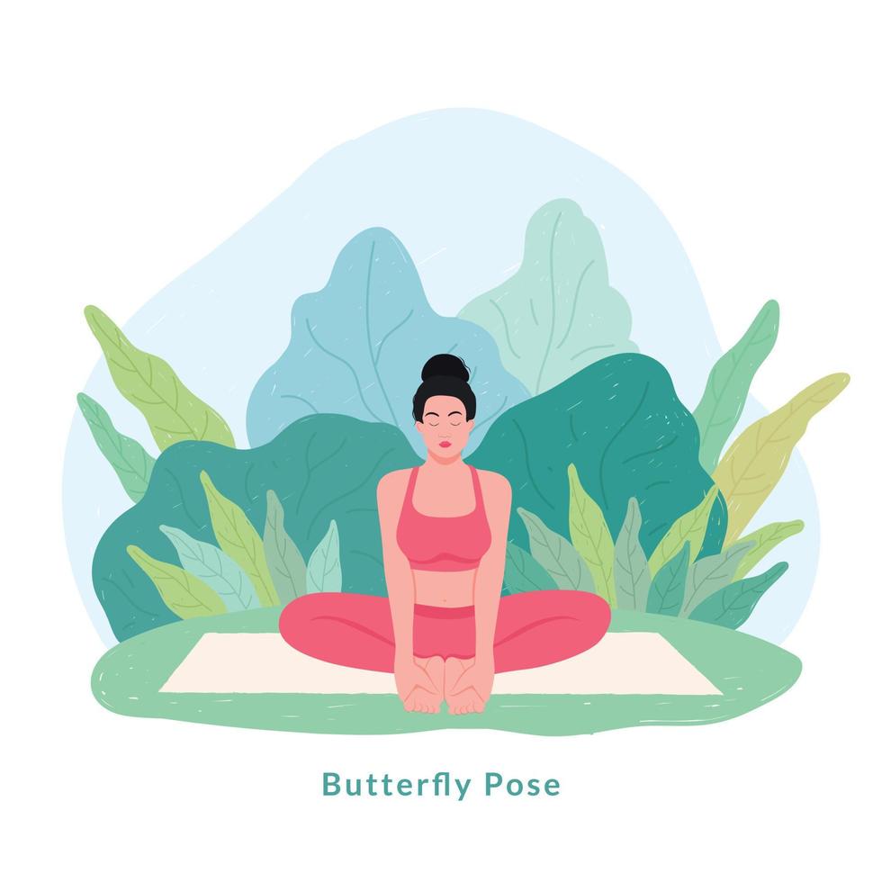 pose de yoga mariposa. mujer joven practicando ejercicio de yoga. vector