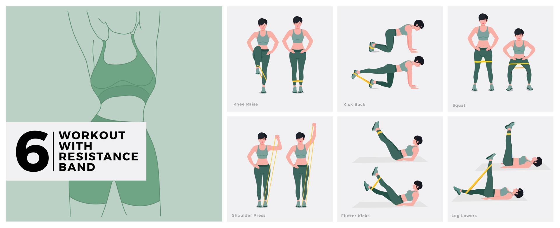 Workout exercises with RESISTANCE BAND Women doing fitness and yoga exercises. vector