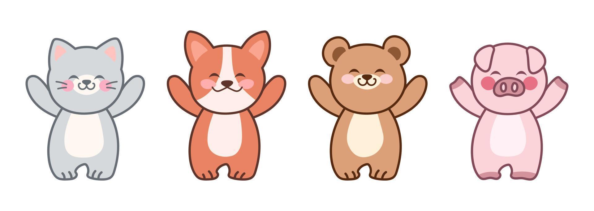Kawaii pets. Cute animals raised paws up. Set of vector illustrations isolated on white background.