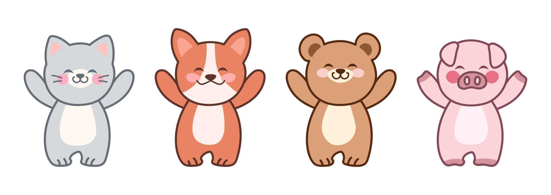 mascotas kawaii. lindos animales levantaron las patas. conjunto de ilustraciones vectoriales aisladas sobre fondo blanco. vector