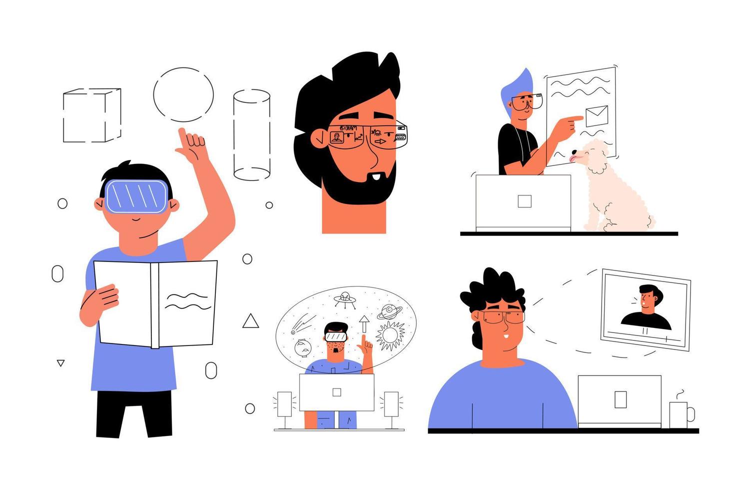 A big set of augmented reality interaction concepts. People in AR glasses study courses, work. Set vr scenes. Vector illustration in flat style
