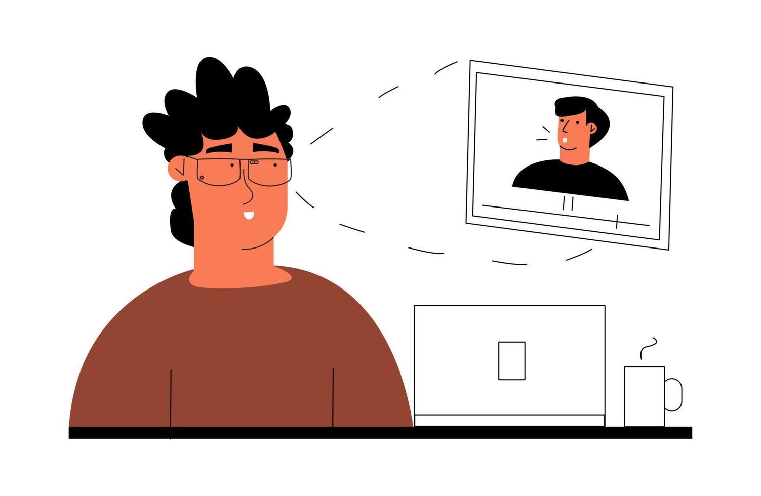 A man watches a training video in AR glasses. The concept of augmented reality. Vector illustration in a flat style.