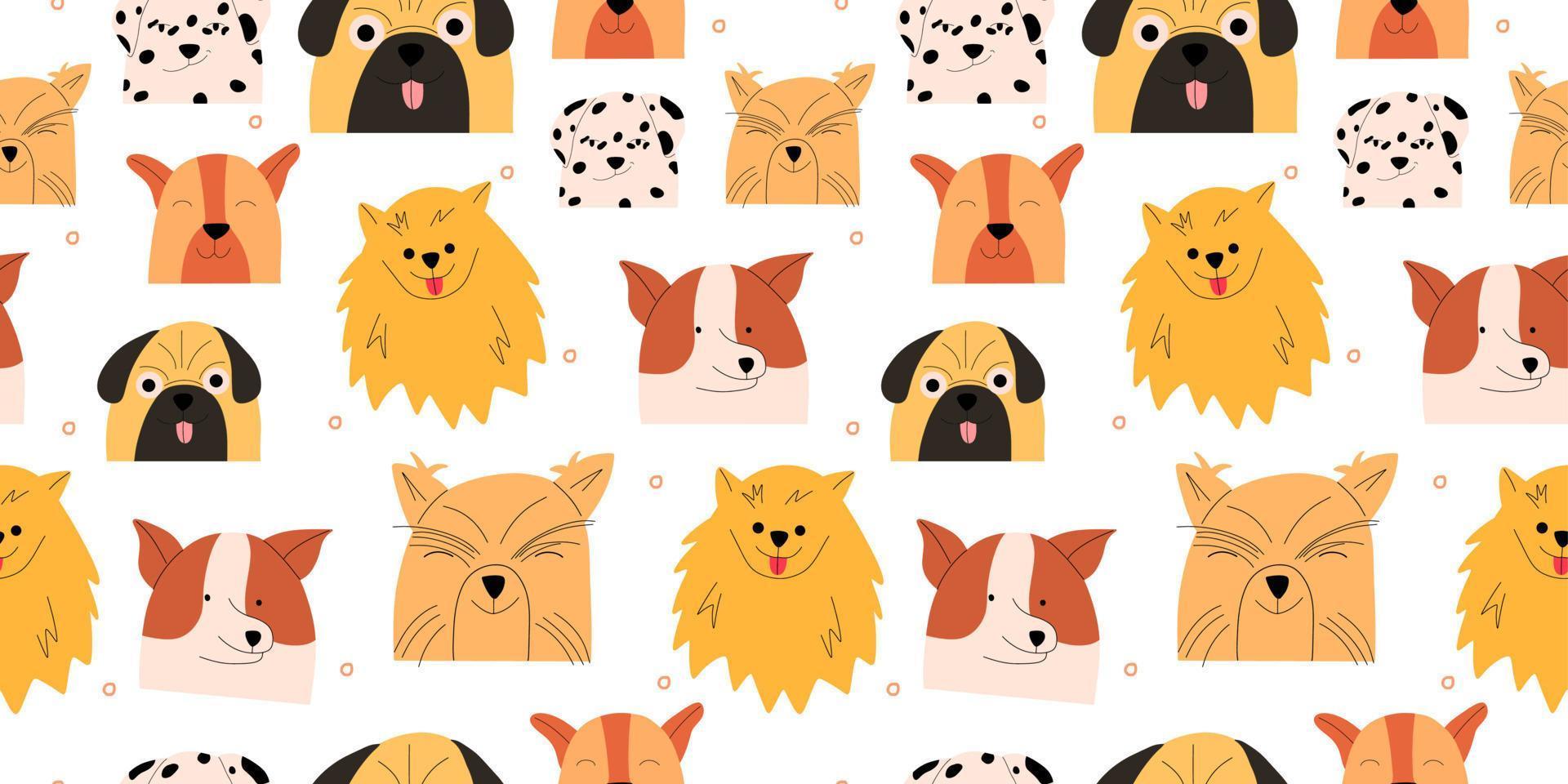 Dog emotion portrait seamless pattern. Cute dog characters. Vector illustration in a flat style.