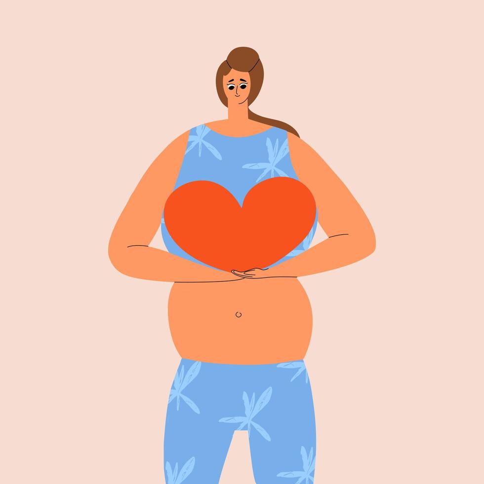 big heart in her hands. Vector illustration in hand drawn style.