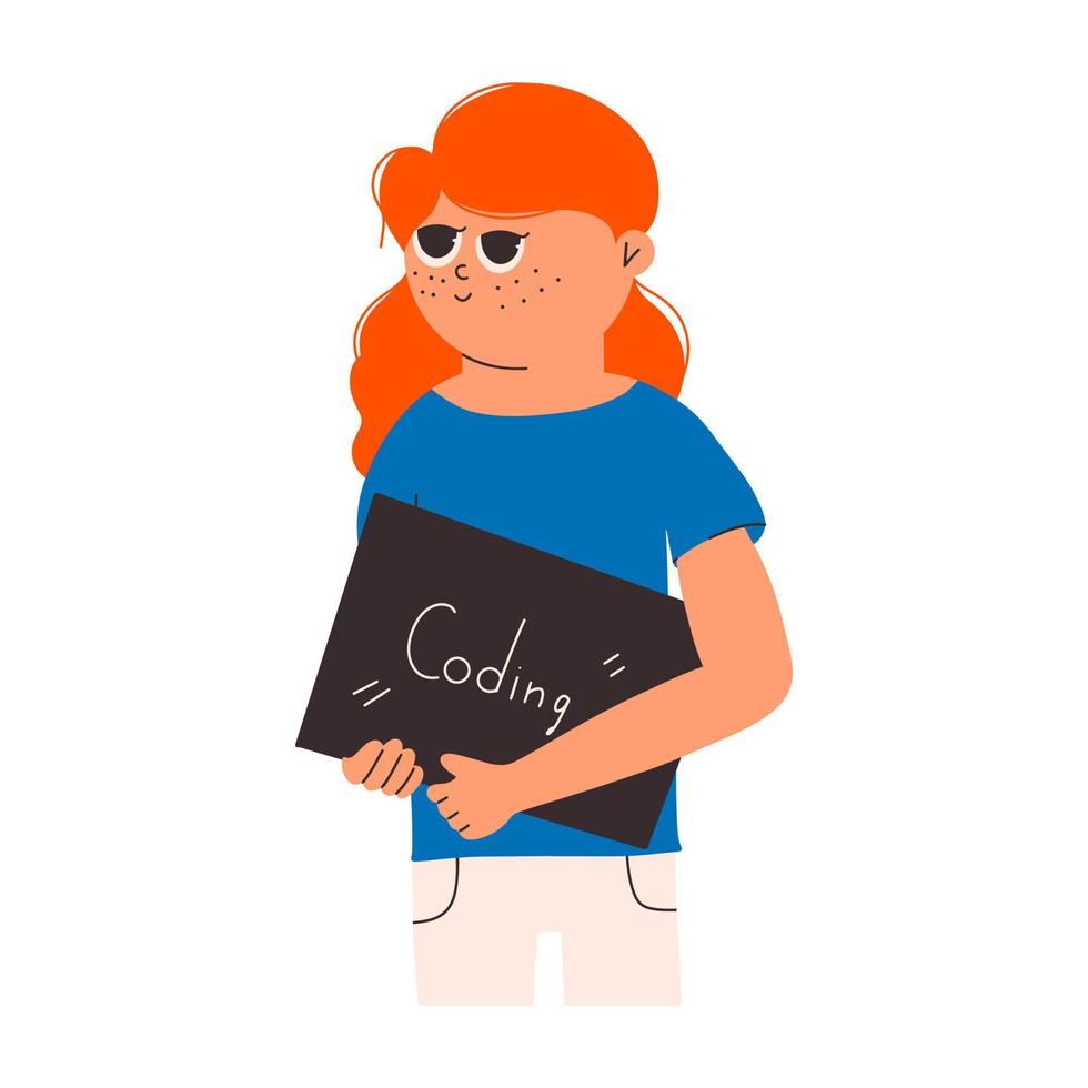 Girl with a laptop in her hand. The concept of a child programmer. Vector illustration