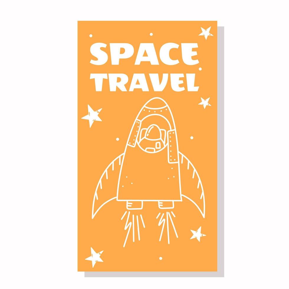 Vertical template with space rocket. Vector illustration in doodle style