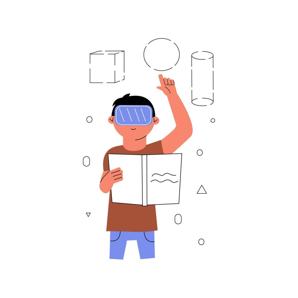 The concept of teaching a child with the use of augmented reality. Boy in vr glasses. Vector illustration in a flat style.