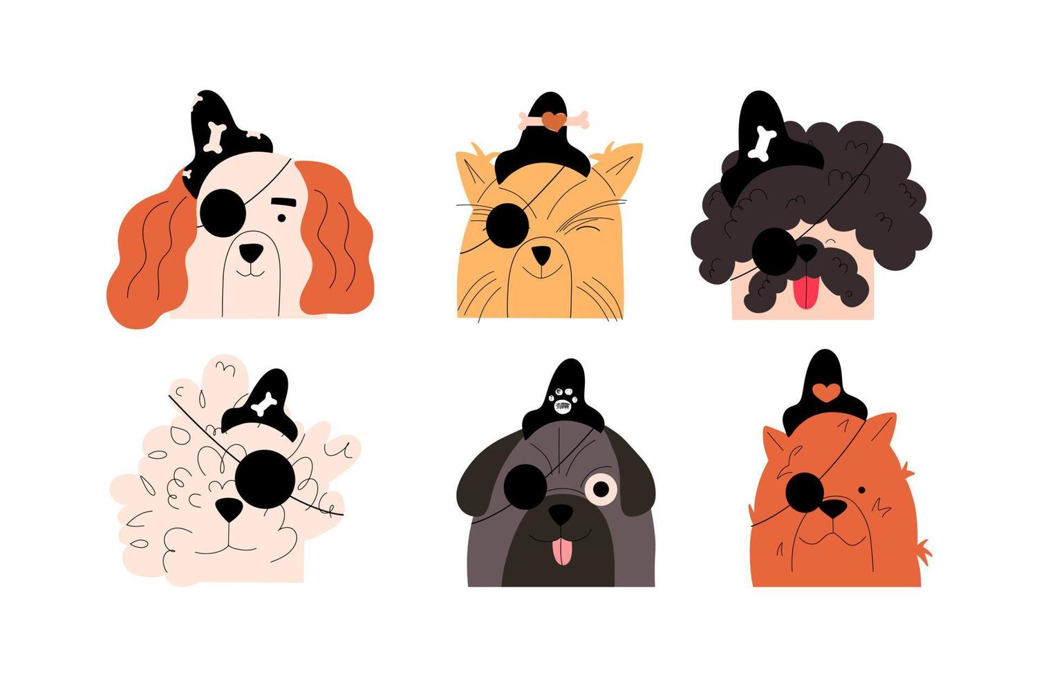 Set of portraits of emotional pirate dogs. Vector illustration in doodle style.