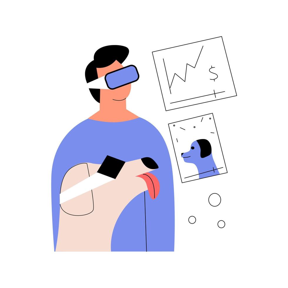 A man and his pet wearing augmented reality glasses. Vector illustration in a flat style.
