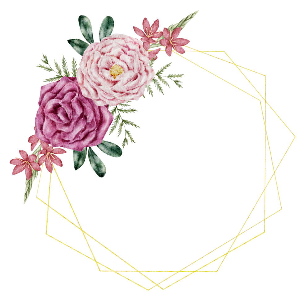 aquarelle de couronne de fleurs roses avec cadre doré png