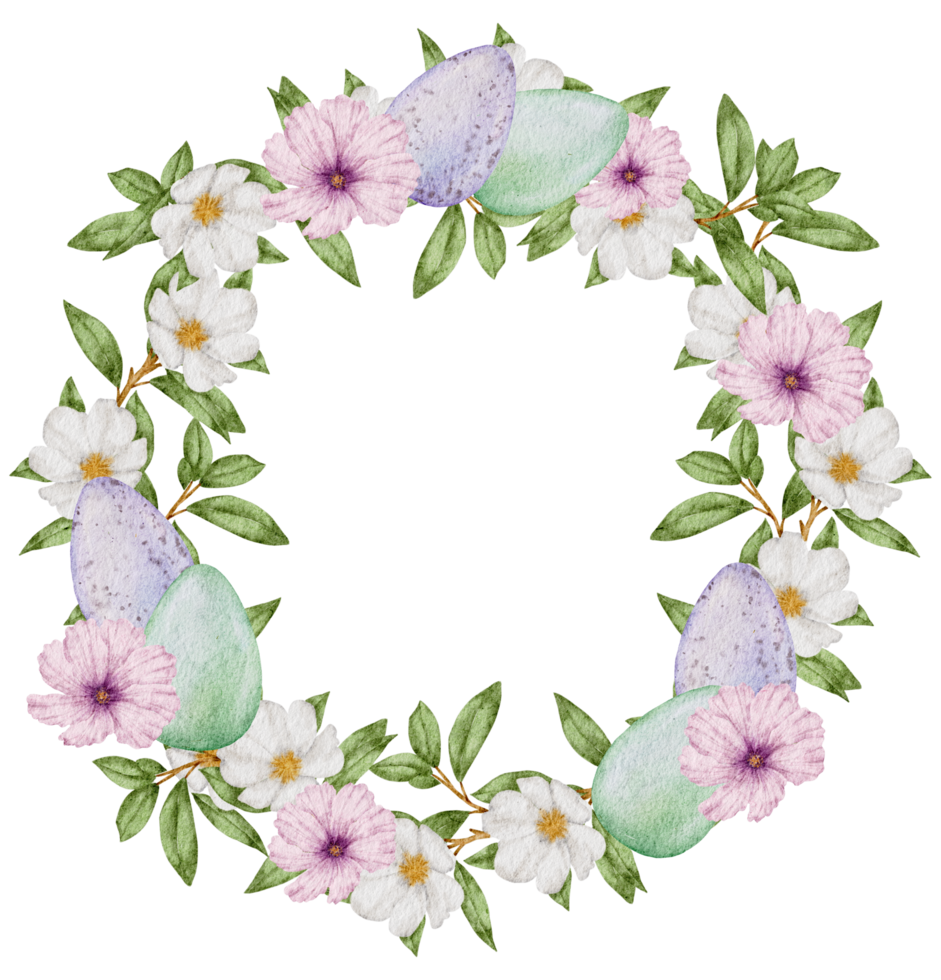 Easter wreath watercolor with Eggs and flower png