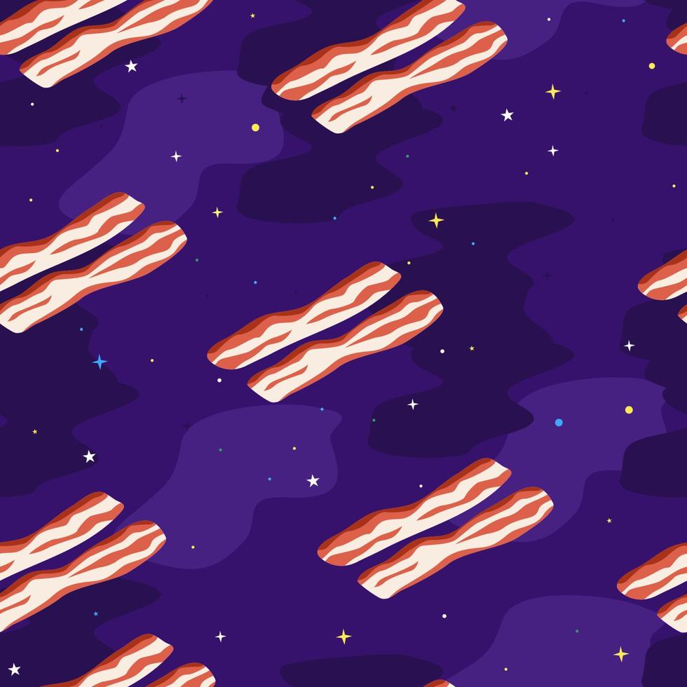 Fried bacon in space. Seamless pattern. Vector illustration