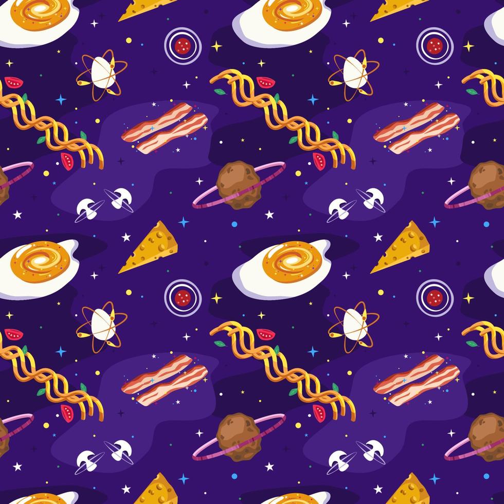 Food in space. The universe is made up of food. Seamless pattern. Vector illustration